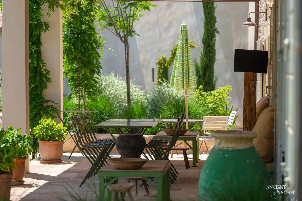 Shaded stone terrace with timber pergola columns wrapped in climbing vines and terracotta planters